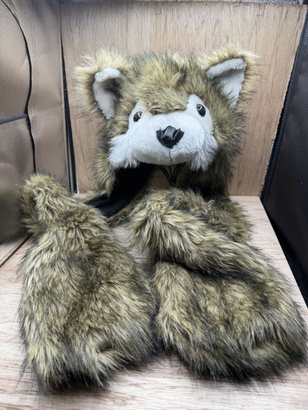 Cute Wolf Plush hat  W/ Attached Gloves